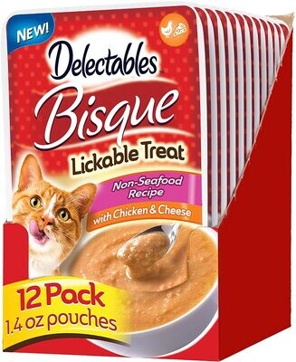 Delectables Hartz Bisque Non-Seafood Lickable We Cat Treats for Adults &amp; Senior Cats, Chicken &amp; Cheese, 12 Count; Flavor: Chicken &amp; Cheese; Size: 1 Count (Pack of 12) (works out as $18.50 per pouch)