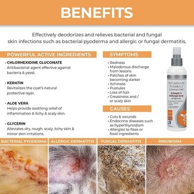 ​Veterinary Formula Clinical Care Antiseptic and Antifungal Spray for Dogs and Cats, 8 oz Fast Acting Medicated Topical Spray Treatment for Fungal and Bacterial Skin Infections in Dogs and Cats