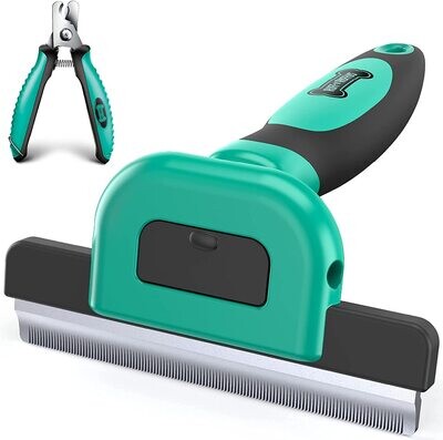 (1) Ruff 'n Ruffus Deshedding Brush + Free Bonus Nail Clippers | Reduces Shedding by up to 95% | Pet Brush for All Breeds | Shedding Brush for Cats and Dogs | Non-Slip Grip with Detachable Head Design