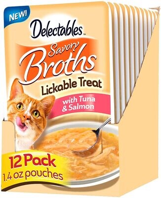 Delectables Hartz Savory Broths Tuna &amp; Salmon Lickable Cat Treat, 12 Pack; Flavor Name: Tuna &amp; Salmon; Size: 12 Count