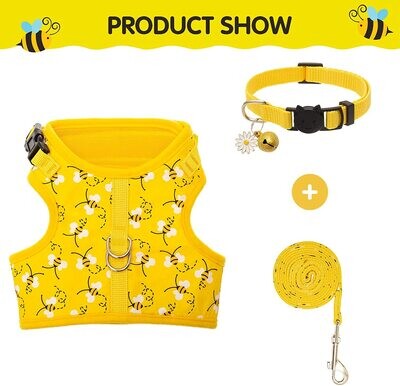 Cat Harness with Leash and Collar for Walking - Escape Proof with 59 Inches Leash - Adjustable Soft Vest Harnesses for Medium Large Cats - Bee Pattern (Yellow)