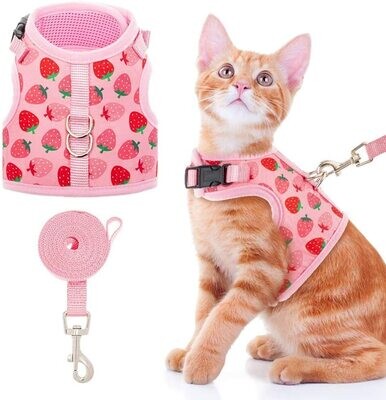 **BINGPET Cat Harness with Leash Escape Proof - Fashionable Mesh Cat Dog Walking Harness Leads, Adjustable for Kitties Puppies Small Animals; Strawberry Pattern (PINK)