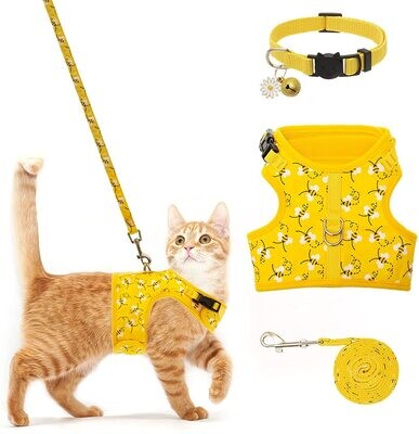 Cat Harness with Leash and Collar for Walking - Escape Proof with 59 Inches Leash - Adjustable Soft Vest Harnesses for Medium Large Cats - Bee Pattern (Yellow)