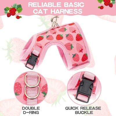 **BINGPET Cat Harness with Leash Escape Proof - Fashionable Mesh Cat Dog Walking Harness Leads, Adjustable for Kitties Puppies Small Animals; Strawberry Pattern (PINK)