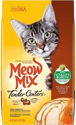 Meow Mix Tender Centers Dry Cat Food, Salmon &amp; Turkey, 3 Pound Bag, with Vitality Bursts