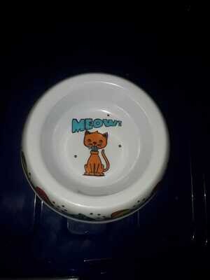 CAT BOWL Melamine/Plastic Cat Bowl; Blue MEOW Pattern; Orange Cat