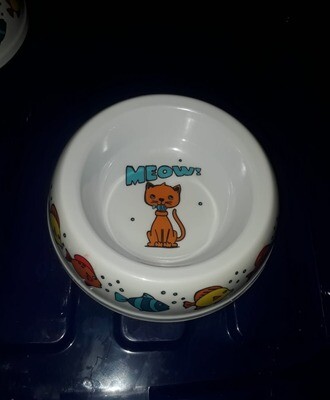 CAT BOWL Melamine/Plastic Cat Bowl; Blue MEOW Pattern; Orange Cat