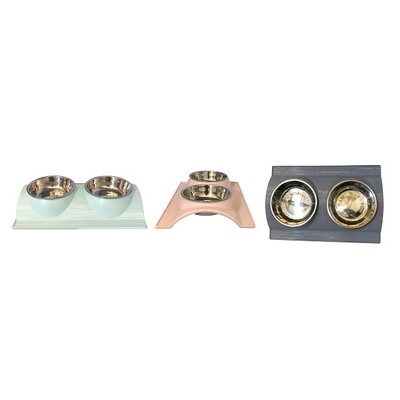 *CAT DOUBLE BOWLS W/STAINLESS STEEL BOWLS 800 ML; 35CM; ASSORTED COLOURS: GREY | PINK | LIGHT SEAGREEN