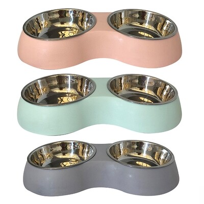 *CAT DOUBLE BOWLS W/STAINLESS STEEL BOWLS 800 ML - ASSORTED COLOURS: Pale Teal | Pink | Grey