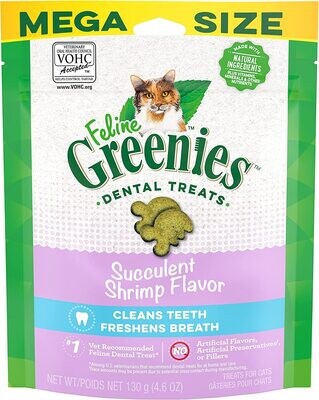 Feline GREENIES MEGA PACK Adult Natural Dental Care Cat Treats, Succulent Shrimp Flavor, 4.6 oz. Pouch - MEGA PACK