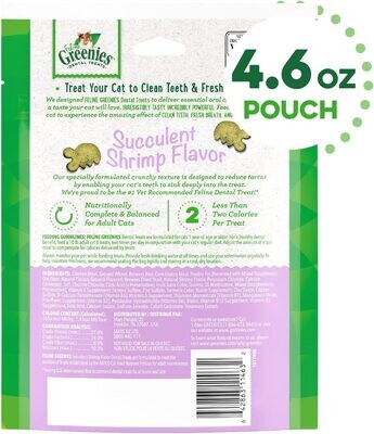 Feline GREENIES MEGA PACK Adult Natural Dental Care Cat Treats, Succulent Shrimp Flavor, 4.6 oz. Pouch - MEGA PACK