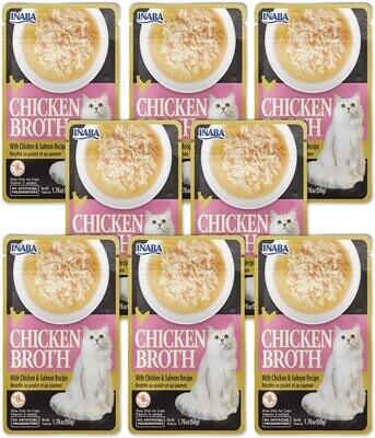 INABA Grain-Free Chicken Broth Side Dish/Complement/Topper/Treat for Cats with Vitamin E, Eight 1.76 Ounce Pouches; Flavor Name: Chicken and Salmon Recipe