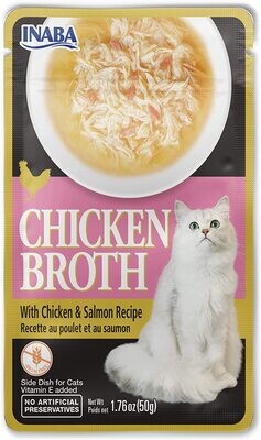 INABA Grain-Free Chicken Broth Side Dish/Complement/Topper/Treat for Cats with Vitamin E, Eight 1.76 Ounce Pouches; Flavor Name: Chicken and Salmon Recipe