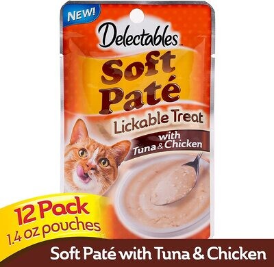 Delectables Hartz Soft PATE Lickable Wet Cat Treats, 12 Pack; Flavor: Tuna &amp; Chicken