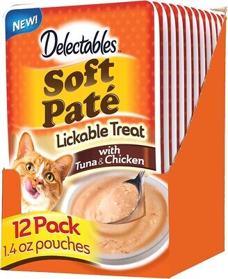 Delectables Hartz Soft PATE Lickable Wet Cat Treats, 12 Pack; Flavor: Tuna &amp; Chicken