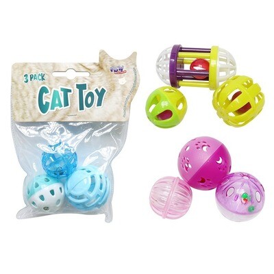 ** CAT TOY 3PK ASSORTED - (Small &amp; Large Balls &amp;/or Cylinder Toy) - Colours: Pink Pack, Blue Pack or Yellow/Green Pack