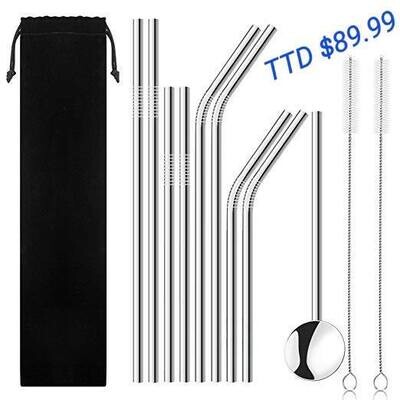 ( 1) 12 PC Stainless Steel Straws, Reusable Metal Drinking Straws Set with Cleaning Brush Coffee Spoon for 30oz 20oz Tumblers Cups Mugs Yeti Rambler Ozark Trail (Sliver) in a Velvet Carry Pouch