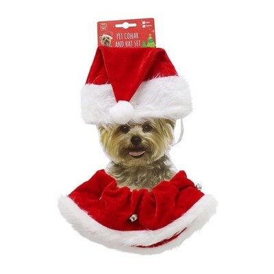**CHRISTMAS PET (CAT/DOG) COLLAR AND HAT SET; 2 SIZES - SMALL/MED (MED CAT) or MED/LARGE (LG CAT/SM DOG)