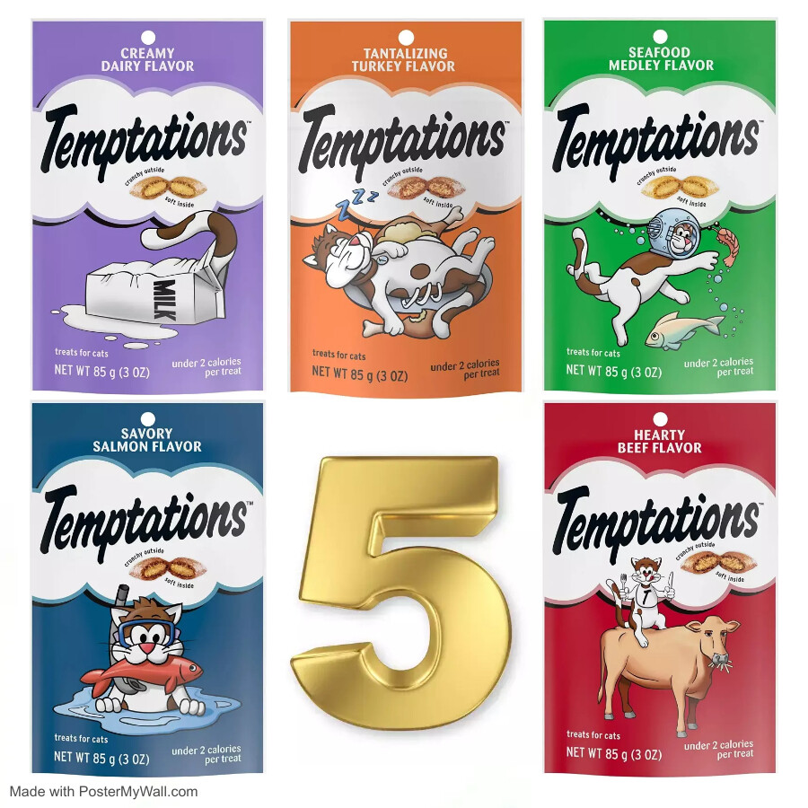 TEMPTATIONS CATS Classic Crunchy and Soft Cat Treats Variety Pack, Five (5) - 3 oz Packs - (1)Savory Salmon (1)Hearty Beef (1)Tantalizing Turkey (1)Seafood Medley (1)Creamy Dairy - Exp DEC &amp; NOV