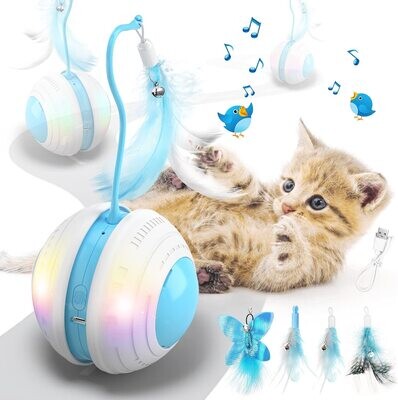 Interactive Cat Ball Toys with Bird Sound, Led Light, Detachable Protective Rubber Shell, USB Charging, Automatic 360° Rolling, 2 Feathers &amp; Bell, Robotic Cat Moving Toys for Indoor Cats