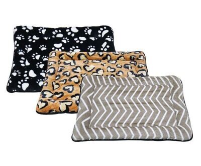 ((1)) COZY PET MAT/PET BED 70CM X 50CM​; 3 ASSTD - Black w/Paw Prints, Brown w/Heart Prints, Brown-Beige w/White Chevron Design; Size: LARGE; Measurements: 70CM X 50CM [28 inches x 20inches]