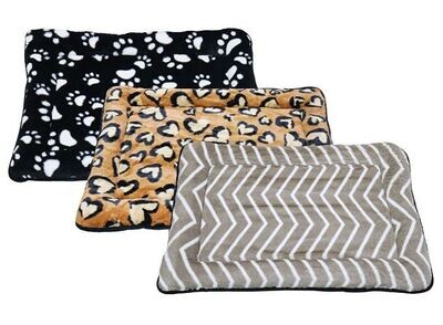 ((1)) COZY PET MAT/PET BED 70CM X 50CM​; 3 ASSTD - Black w/Paw Prints, Brown w/Heart Prints, Brown-Beige w/White Chevron Design; Size: LARGE; Measurements: 70CM X 50CM [28 inches x 20inches]
