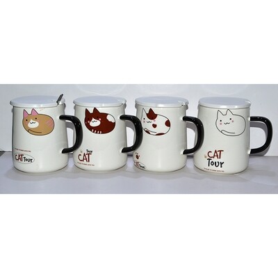 * CERAMIC CAT PRINT MUG W/CERAMIC LID &amp; STAINLESS STEEL SPOON ASST; SIZE: 7.8X13.5CM - WHITE CAT PRINT