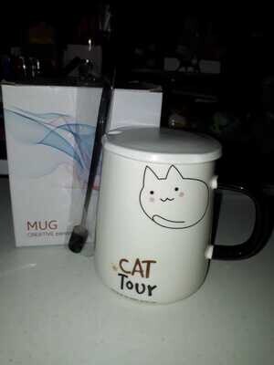 * CERAMIC CAT PRINT MUG W/CERAMIC LID &amp; STAINLESS STEEL SPOON ASST; SIZE: 7.8X13.5CM - WHITE CAT PRINT
