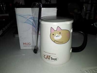 * CERAMIC CAT PRINT MUG W/CERAMIC LID &amp; STAINLESS STEEL SPOON ASST; SIZE: 7.8X13.5CM​ - LIGHT BROWN CAT PRINT
