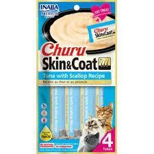 INABA CHURU-Lickable Purée Natural Cat Treats for SKIN AND COAT with Omega Oils, Taurine and Vitamin E, 0.5 Ounces Each - Tuna with Scallop Recipe (4 Tubes)