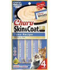 INABA Churu-Lickable Purée Natural Cat Treats for SKIN AND COAT with Omega Oils, Taurine and Vitamin E, 0.5 Ounces Each - Tuna Recipe (4 Tubes)