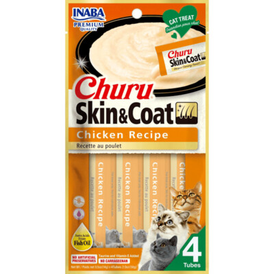 INABA Churu-Lickable Purée Natural Cat Treats for SKIN AND COAT with Omega Oils, Taurine and Vitamin E, 0.5 Ounces Each - Chicken Recipe (4 Tubes)