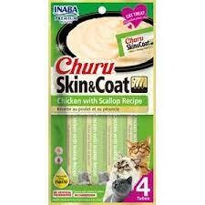 INABA Churu-Lickable Purée Natural Cat Treats for SKIN AND COAT with Omega Oils, Taurine and Vitamin E, 0.5 Ounces Each - Chicken with Scallop Recipe (4 Tubes)