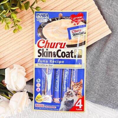 INABA Churu-Lickable Purée Natural Cat Treats for SKIN AND COAT with Omega Oils, Taurine and Vitamin E, 0.5 Ounces Each - Tuna Recipe (4 Tubes)