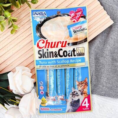 INABA CHURU-Lickable Purée Natural Cat Treats for SKIN AND COAT with Omega Oils, Taurine and Vitamin E, 0.5 Ounces Each - Tuna with Scallop Recipe (4 Tubes)