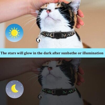 ** GLOW-IN-THE-DARK-STARS 1 PC Breakaway Cat Collars with Bell, Golden Moon, Glowing Star in The Dark for Cat &amp; Kitten [STARS Glow in the Dark]