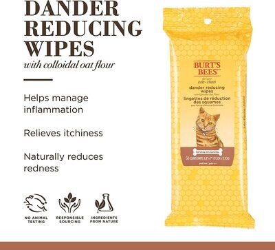 *Burt's Bees for Cats Natural Dander Reducing Wipes with COLLOIDAL OAT Flour | Kitten and Cat Wipes for Grooming, 50 Count | Cruelty Free, Sulfate &amp; Paraben Free, pH Balanced for Cats -Made in the USA