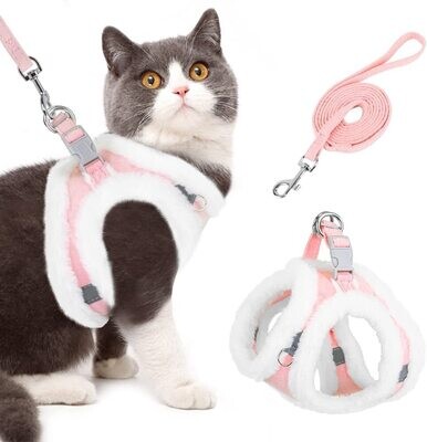 SlowTon Cat Harness and Leash Set, PLUSH Edge Escape Proof Adjustable Cat Vest Harness for Walking, Easy Control Pet Harness with Reflective Strap for Cat, Kitten, Puppy (Pink,S) - SMALL