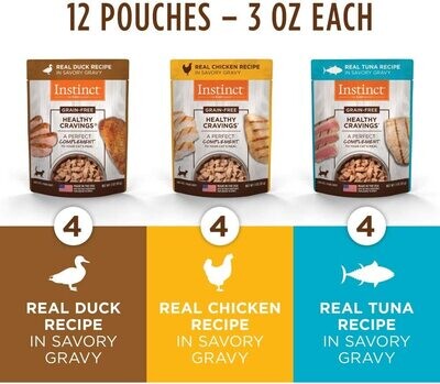 Instinct Healthy Cravings Grain Free Recipe Variety Pack Natural Wet Cat Food Topper by Nature's Variety, 3 oz. Pouches (Pack of 12); Flavor Name: Variety Duck, Chicken, Tuna ($20 per pouch)
