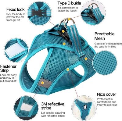 FDOYLCLC CAT HARNESS (ONLY) for Walking Escape Proof, Step-in Easy Control Outdoor Jacket, Adjustable Reflective Breathable Soft Air Mesh Vest for Large Kitten (Turquoise, L); Size: Large