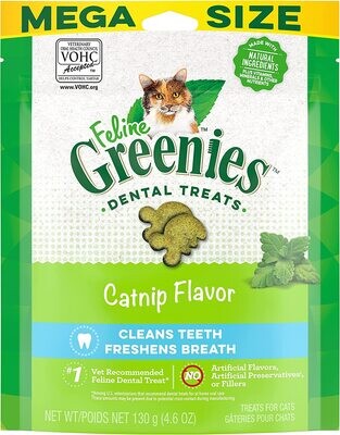 FELINE GREENIES MEGA PACK Adult Natural Dental Care Cat Treats, CATNIP Flavor, 4.6 oz. Pouch