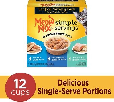 Meow Mix Simple Servings Wet Cat Food, Seafood Variety Pack, 1.3 Ounce Cup (Pack of 12); Flavor Name: Variety Pack: Seafood
