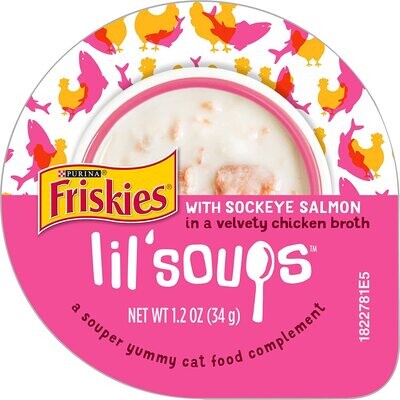 * Purina Friskies Natural, Grain Free Wet Cat Food Complement, Lil' Soups With Sockeye Salmon in Chicken Broth - (8) 1.2 oz. Cups - (works out as $20.75 per tub)