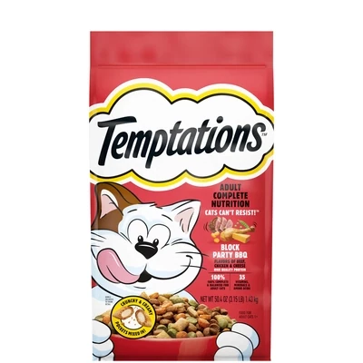*TEMPTATIONS Block Party BBQ - Flavor BEEF, CHICKEN &amp; CHEESE Adult Dry Cat Food, 3.15 lb. Bag *NEW* Exclusive