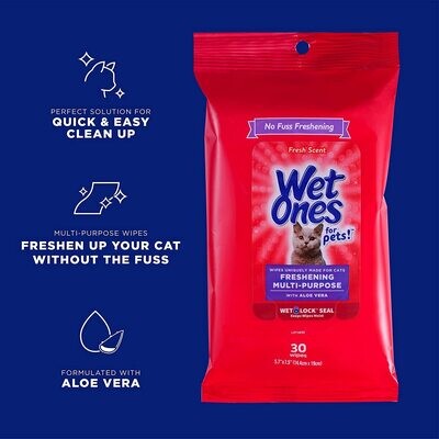**Wet Ones for Pets Freshening Multipurpose Wipes for Cats with Aloe Vera | Cat Cleaning Wipes, Freshening Cat Grooming Wipes with Wet Lock Seal for Pet Grooming in Fresh Scent| 30 ct Pouch Cat Wipes