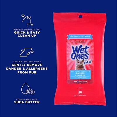 Wet Ones for Pets Dander Control Wipes for Cats With Shea Butter | Cat Dander Wipes For Cats to Reduce Redness &amp; Flakes with Wet Lock Seal in Fresh Scent | 30 ct Pouch Cat Cleaning Cat Wipes