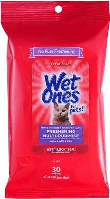 **Wet Ones for Pets Freshening Multipurpose Wipes for Cats with Aloe Vera | Cat Cleaning Wipes, Freshening Cat Grooming Wipes with Wet Lock Seal for Pet Grooming in Fresh Scent| 30 ct Pouch Cat Wipes