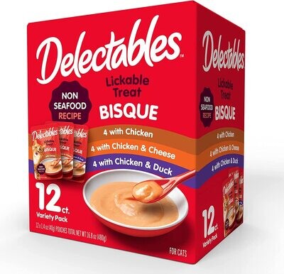 Delectables Hartz Bisque NON-SEAFOOD Lickable Wet Cat Treats, Variety Pack, 12 Count (Pack of 12) (works out as $18.50 per pouch)