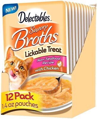 BUY 1 GET 1 FREE Delectables Hartz Savory BROTHS Lickable Wet Cat Treats for Adult Cats, Non-Seafood Chicken, 1.4 OZ (Pack of 12 + Pack of 12 FREE) (works out as $9.25 per pouch) - EXP 23.JAN.2024