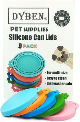 DYBEN Pet Can Covers/Dog Cat Food Can Lids/5 Pack/Universal BPA Free/Silicone Pet Food Can Lids Covers/Fits Most Standard Size Dog and Cat Can Tops for Pet Food Storage; Comes BOXED*
